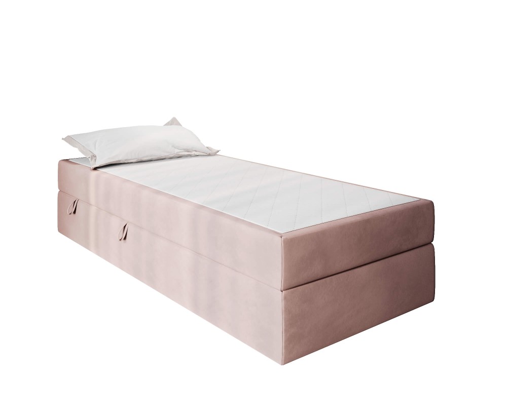 Bett 100x200 cm für Dachschräge, Einzelbett mit Bettkasten und BONELL-Matratze, weißer Anti-Rutsch-Stoff, KLAUDIA 1M Bett 100x200 cm für Dachschräge, Einzelbett mit Bettkasten und BONELL-Matratze, weißer Anti-Rutsch-Stoff, KLAUDIA 1M