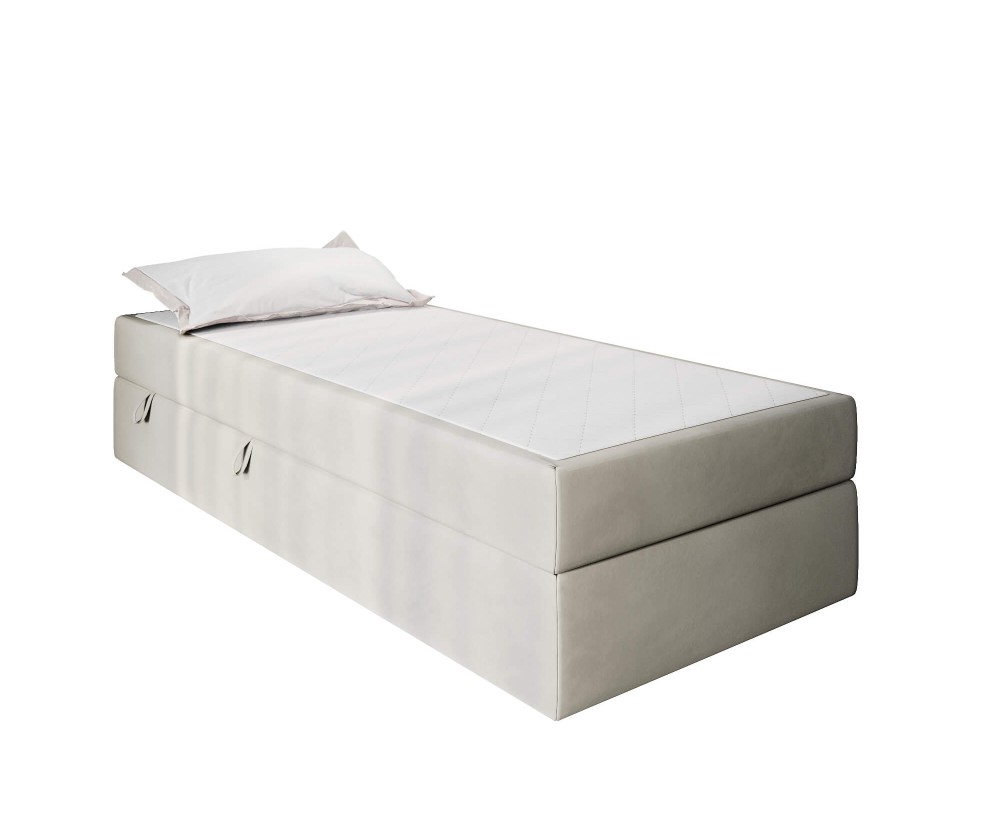 Bett 100x200 cm für Dachschräge, Einzelbett mit Bettkasten und BONELL-Matratze, weißer Anti-Rutsch-Stoff, KLAUDIA 1M Bett 100x200 cm für Dachschräge, Einzelbett mit Bettkasten und BONELL-Matratze, weißer Anti-Rutsch-Stoff, KLAUDIA 1M