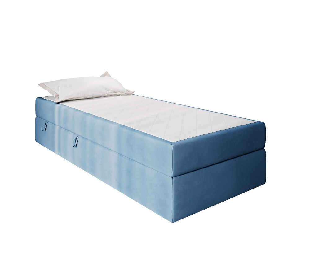 Bett 100x200 cm für Dachschräge, Einzelbett mit Bettkasten und BONELL-Matratze, weißer Anti-Rutsch-Stoff, KLAUDIA 1M Bett 100x200 cm für Dachschräge, Einzelbett mit Bettkasten und BONELL-Matratze, weißer Anti-Rutsch-Stoff, KLAUDIA 1M