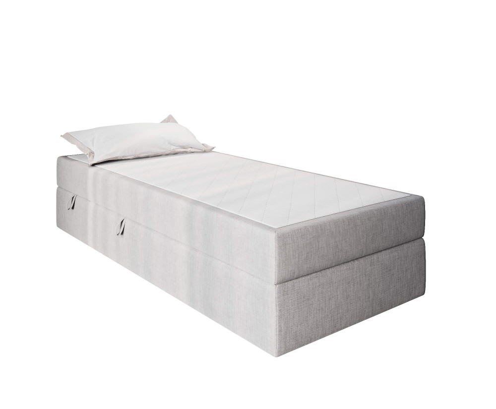 Bett 100x200 cm für Dachschräge, Einzelbett mit Bettkasten und BONELL-Matratze, weißer Anti-Rutsch-Stoff, KLAUDIA 1M Bett 100x200 cm für Dachschräge, Einzelbett mit Bettkasten und BONELL-Matratze, weißer Anti-Rutsch-Stoff, KLAUDIA 1M