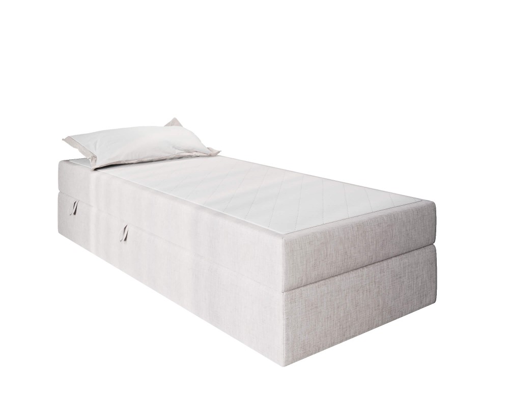 Hotelbett 120x200 cm, Einzelbett mit Bettkasten und BONELL-Matratze, weißer Anti-Rutsch-Stoff, KLAUDIA 1M