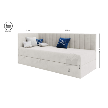 Einzelbett 90x200 cm, Jugendbett, Polsterbett mit Sitzpuff, Sitzhocker, Riviera 82 Asche, INTARO A27