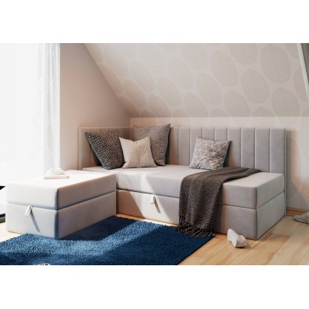 Polsterbett 100x200 cm, Jugendbett, Einzelbett mit Sitzpuff, Sitzhocker, Riviera 82 Asche, INTARO A27