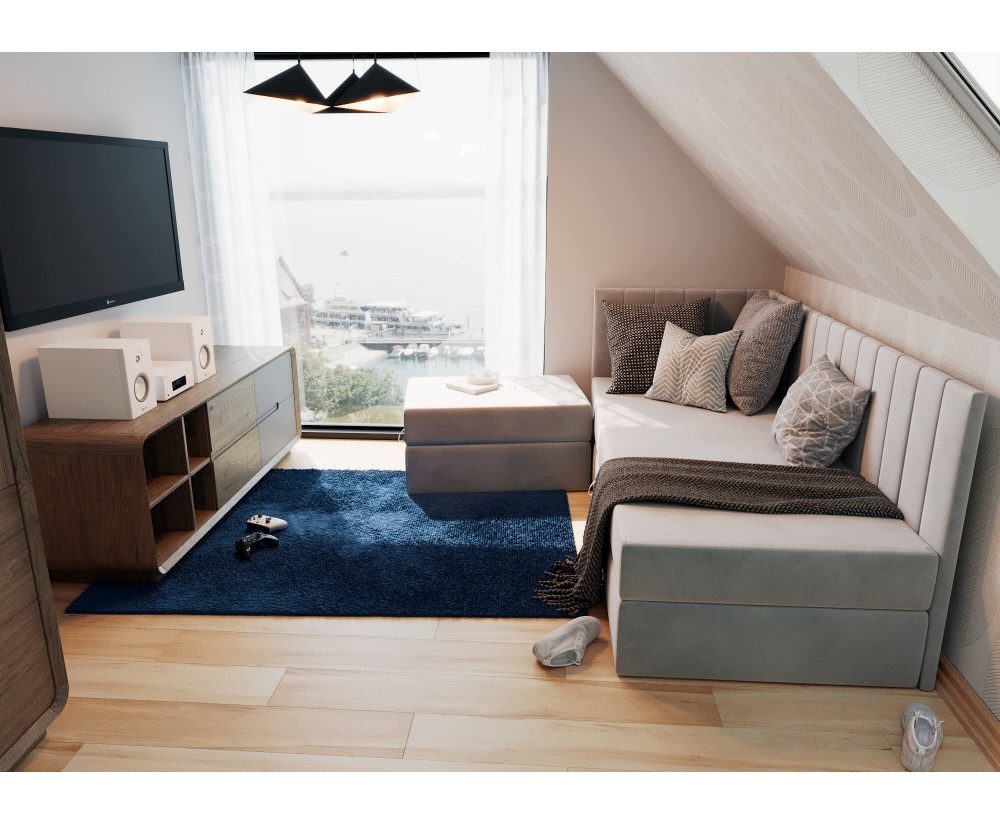 Polsterbett 100x200 cm mit Sitzpuff, Sitzhocker, Einzelbett in Riviera 82 Asche, Jugendbett INTARO A27