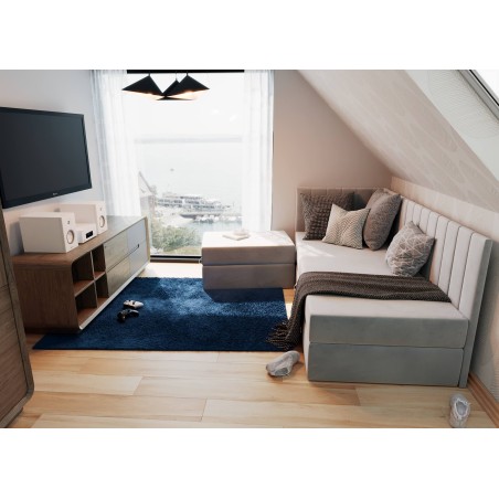 Jugendbett 120x200 cm, Polsterbett, Einzelbett mit Sitzpuff, Sitzhocker, Riviera 82 Asche, INTARO A27