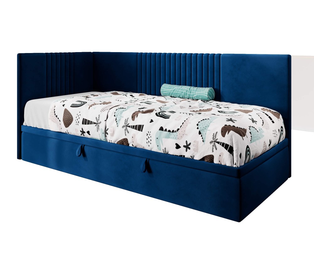 Jugendbett 80x200 cm, Polsterbett, Einzelbett mit Bettkasten, Kopfteil und Seitenblende, SPEED 1R