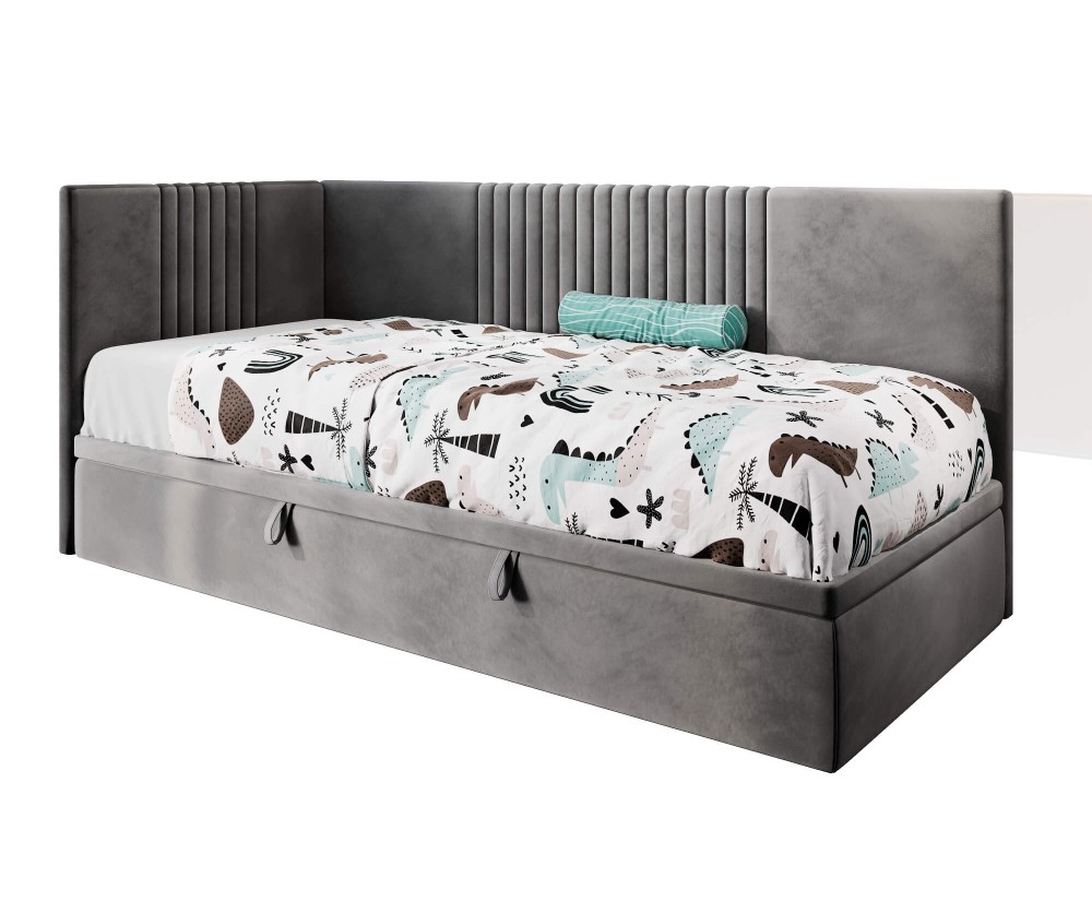Jugendbett 80x200 cm, Polsterbett, Einzelbett mit Bettkasten, Kopfteil und Seitenblende, SPEED 1R