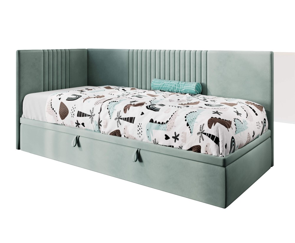 Jugendbett 80x200 cm, Polsterbett, Einzelbett mit Bettkasten, Kopfteil und Seitenblende, SPEED 1R