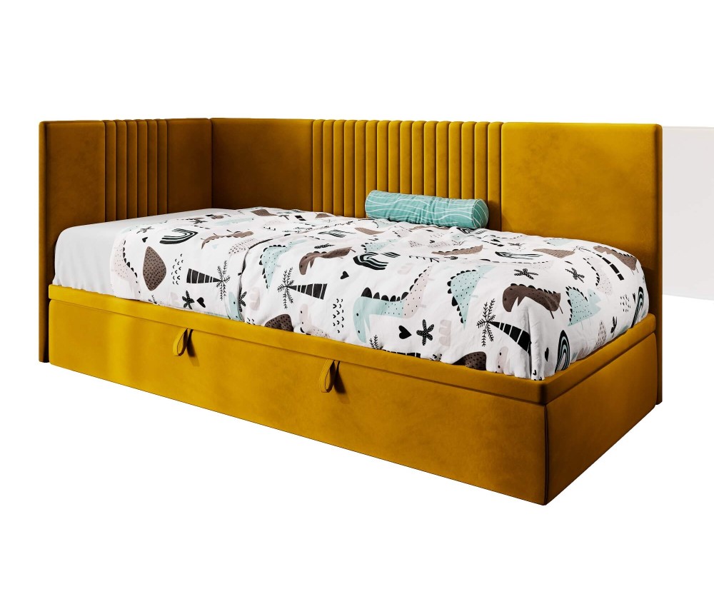 Jugendbett 80x200 cm, Polsterbett, Einzelbett mit Bettkasten, Kopfteil und Seitenblende, SPEED 1R