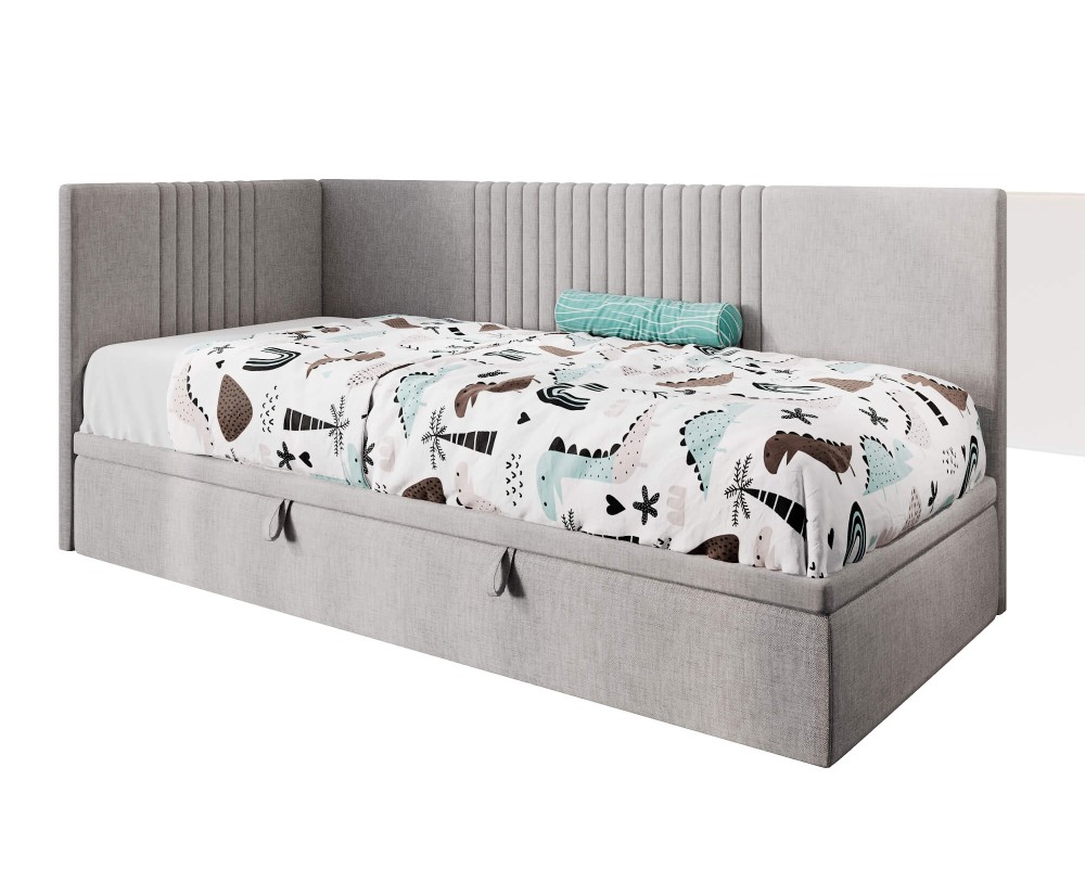 Jugendbett 80x200 cm, Polsterbett, Einzelbett mit Bettkasten, Kopfteil und Seitenblende, SPEED 1R