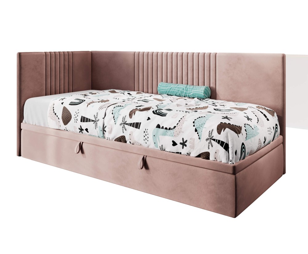 Jugendbett 90x200 cm, Polsterbett, Einzelbett mit Bettkasten, Kopfteil und Seitenblende, SPEED 1R
