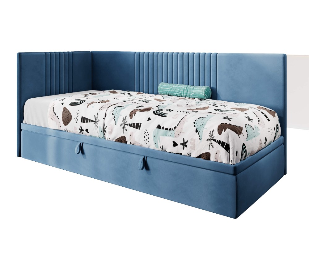 Jugendbett 90x200 cm, Polsterbett, Einzelbett mit Bettkasten, Kopfteil und Seitenblende, SPEED 1R