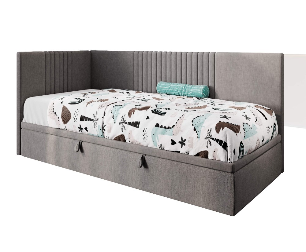 Jugendbett 90x200 cm, Polsterbett, Einzelbett mit Bettkasten, Kopfteil und Seitenblende, SPEED 1R