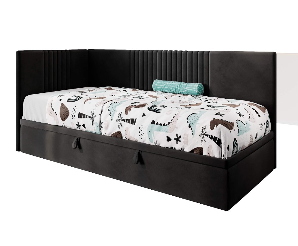 Jugendbett 100x200 cm, Polsterbett, Einzelbett mit Bettkasten, Kopfteil und Seitenblende, SPEED 1R