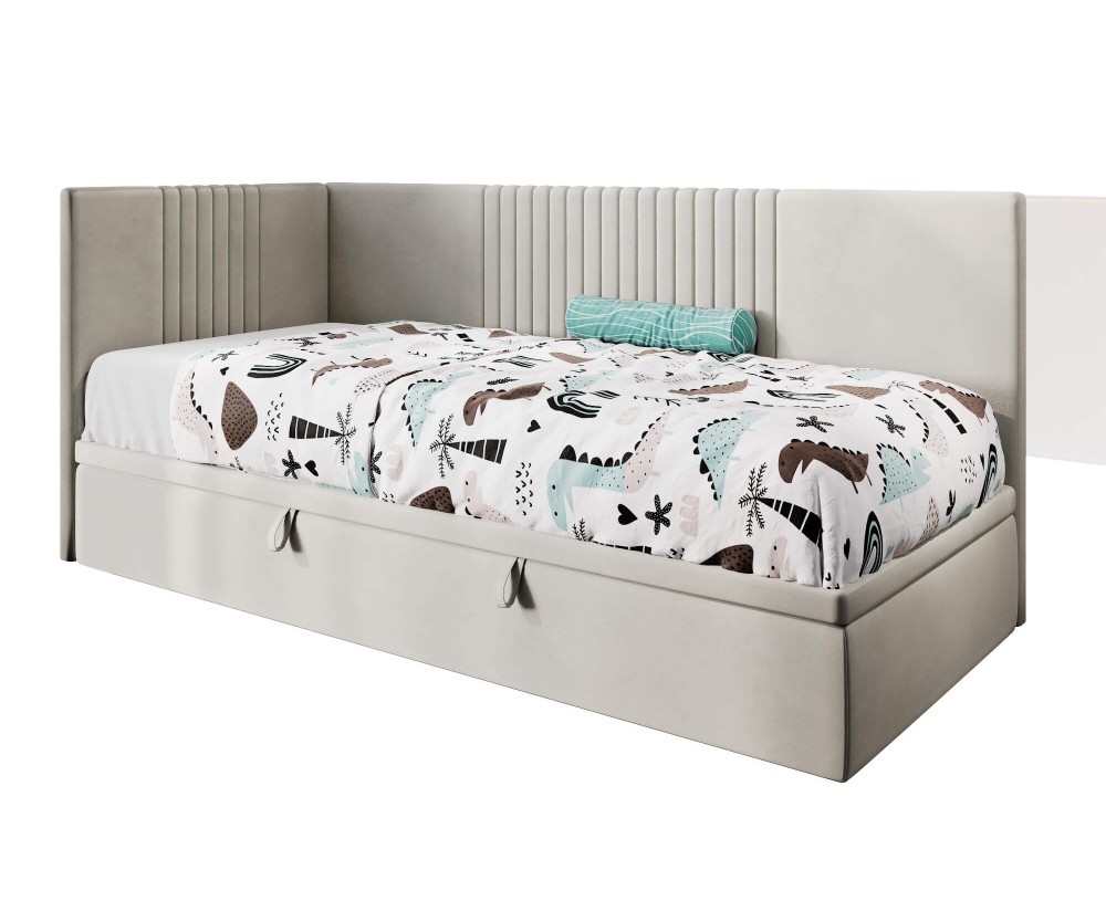 Jugendbett 100x200 cm, Polsterbett, Einzelbett mit Bettkasten, Kopfteil und Seitenblende, SPEED 1R