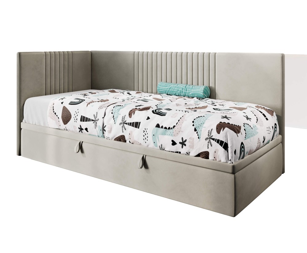 Jugendbett 100x200 cm, Polsterbett, Einzelbett mit Bettkasten, Kopfteil und Seitenblende, SPEED 1R