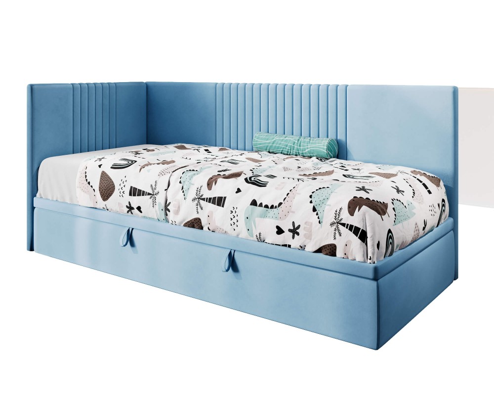 Jugendbett 100x200 cm, Polsterbett, Einzelbett mit Bettkasten, Kopfteil und Seitenblende, SPEED 1R