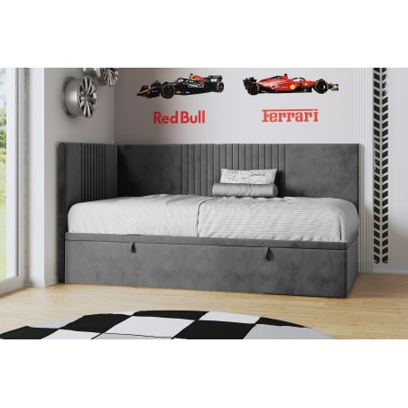 SPEED Jugendbett 100x200 cm, Polsterbett, Einzelbett mit Bettkasten, Kopfteil und Seitenblende