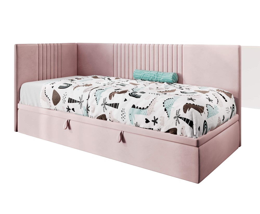 Jugendbett 120x200 cm, Polsterbett, Einzelbett mit Bettkasten, Kopfteil und Seitenblende, SPEED 1R