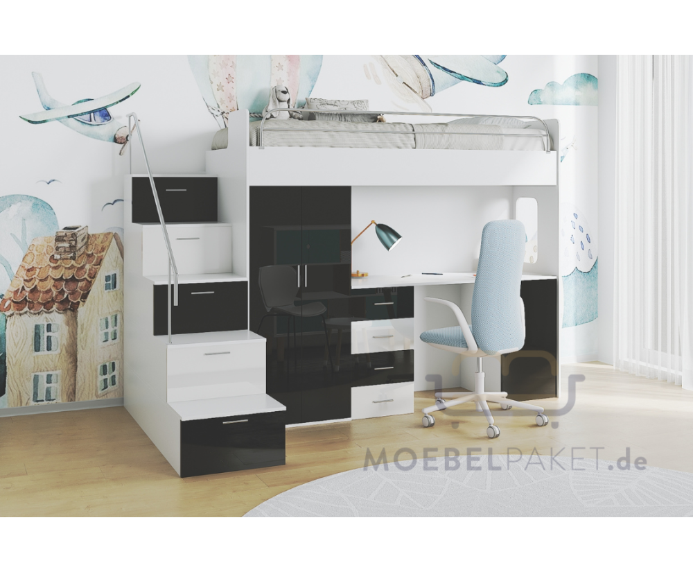 MAJA 4S Hochbett, Etagenbett mit Kleiderschrank, Schreibtisch, Lattenrost, Farbvarianten!