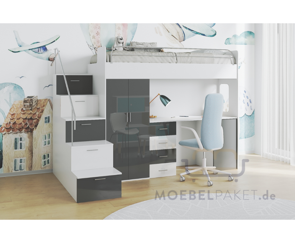 MAJA 4S Hochbett, Etagenbett mit Kleiderschrank, Schreibtisch, Lattenrost, Farbvarianten!
