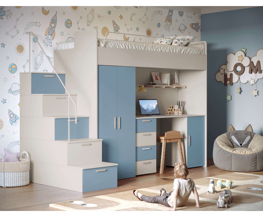 MAJA 4S Hochbett, Etagenbett mit Kleiderschrank, Schreibtisch, Lattenrost, Kaschmir