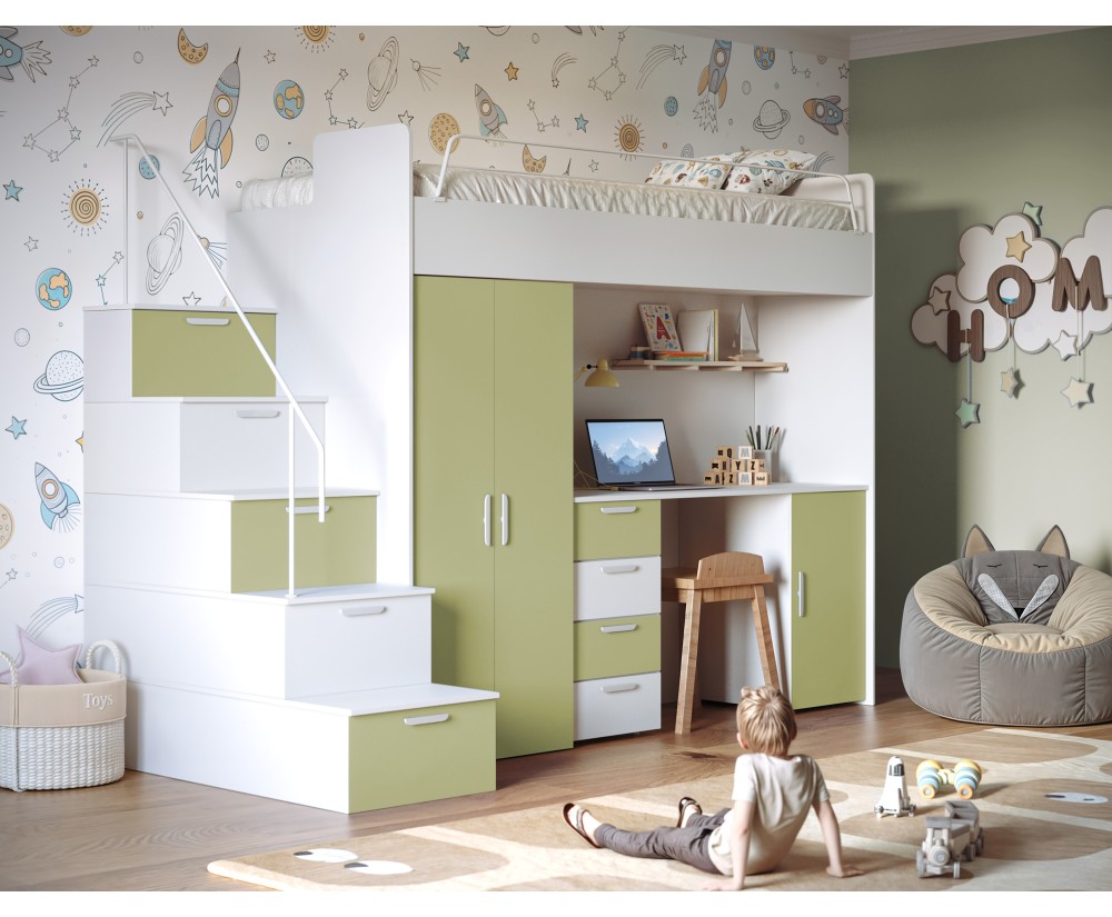 MAJA 4S Hochbett, Etagenbett mit Kleiderschrank, Schreibtisch, Lattenrost, Farbvarianten matt