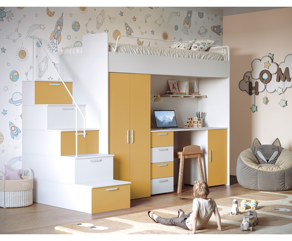 MAJA 4S Hochbett, Etagenbett mit Kleiderschrank, Schreibtisch, Lattenrost, Farbvarianten matt