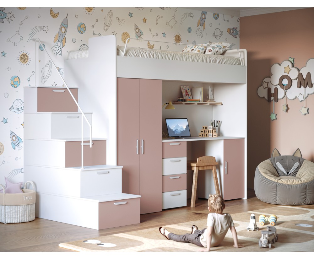 MAJA 4S Hochbett, Etagenbett mit Kleiderschrank, Schreibtisch, Lattenrost, Farbvarianten matt