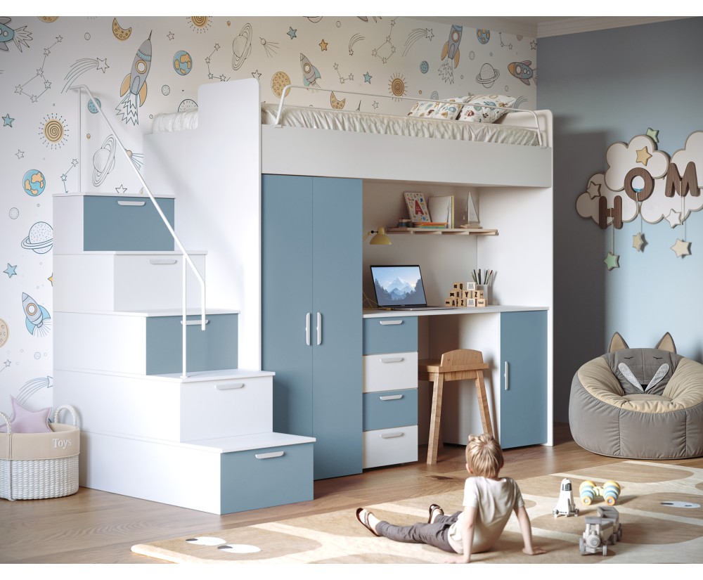 MAJA 4S Hochbett, Etagenbett mit Kleiderschrank, Schreibtisch, Lattenrost, Farbvarianten matt