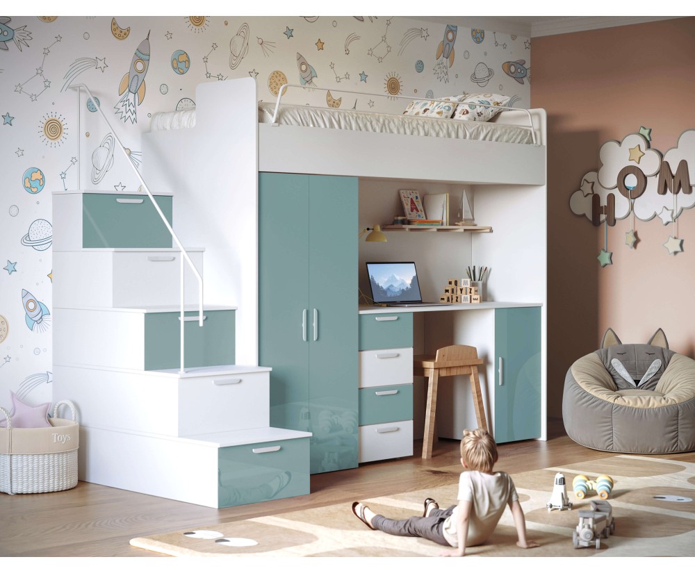 MAJA 4S Hochbett, Etagenbett mit Kleiderschrank, Schreibtisch, Lattenrost, Farbvarianten!