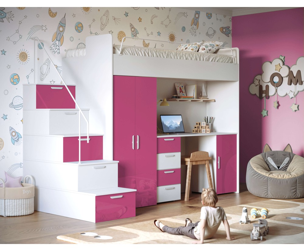 MAJA 4S Hochbett, Etagenbett mit Kleiderschrank, Schreibtisch, Lattenrost, Farbvarianten!