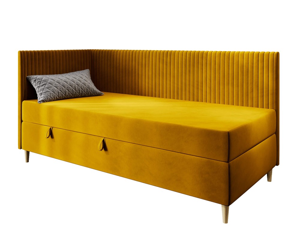 Eckbett 100x200 cm mit Bettkasten, BONELL-Matratze, Holzfüße, Polsterbett CARMEN 2M