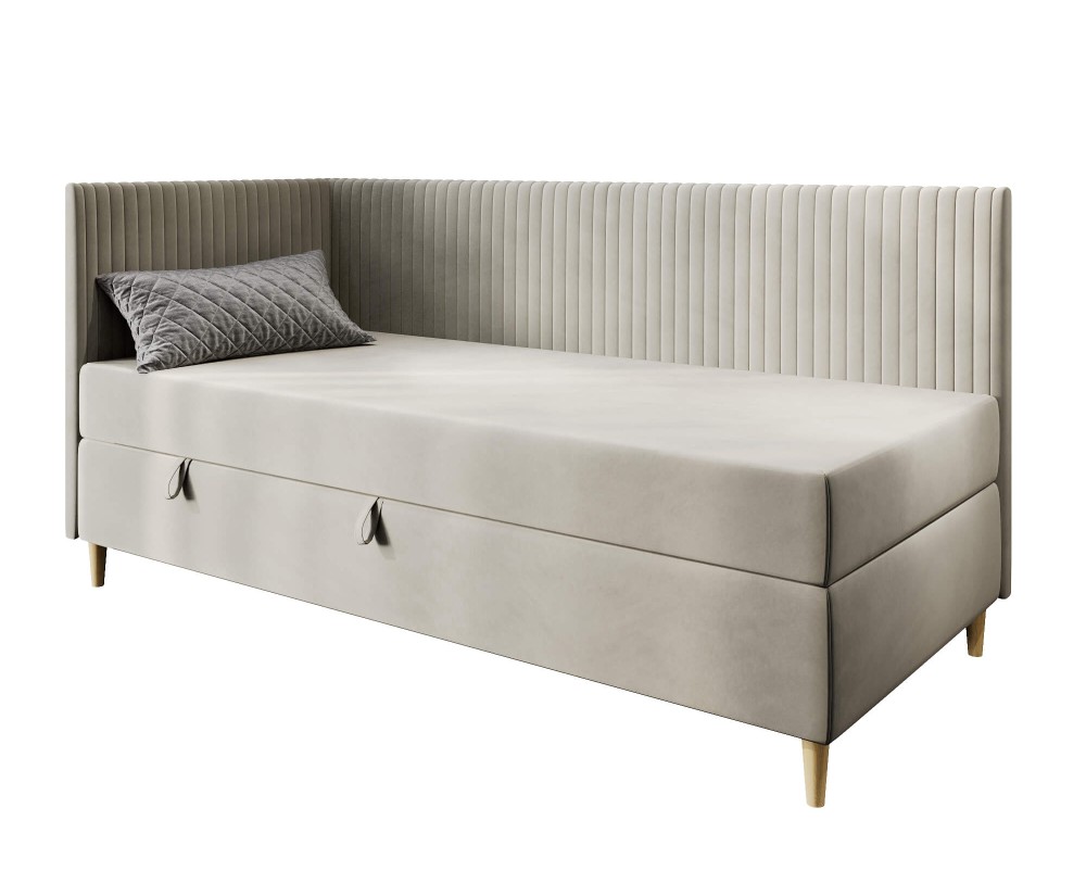 Eckbett 100x200 cm mit Bettkasten, BONELL-Matratze, Holzfüße, Polsterbett CARMEN 2M