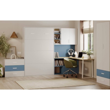 Möbelset für Kinderzimmer: Schrankbett vertikal klappbar mit Schreibtisch, Kleiderschrank, Kommode, Kaschmir, MAJA