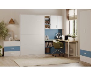 Möbelset für Kinderzimmer: Schrankbett vertikal klappbar mit Schreibtisch, Kleiderschrank, Kommode, Kaschmir, MAJA