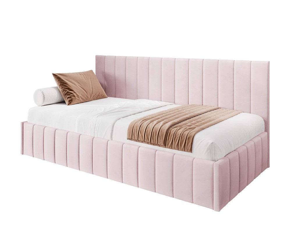 Einzelbett 90x200 cm ideal für Dachschräge - mit niedriger Rückenlehne, Bettkasten, ohne Matratze, Polsterbett NATAN SM 02