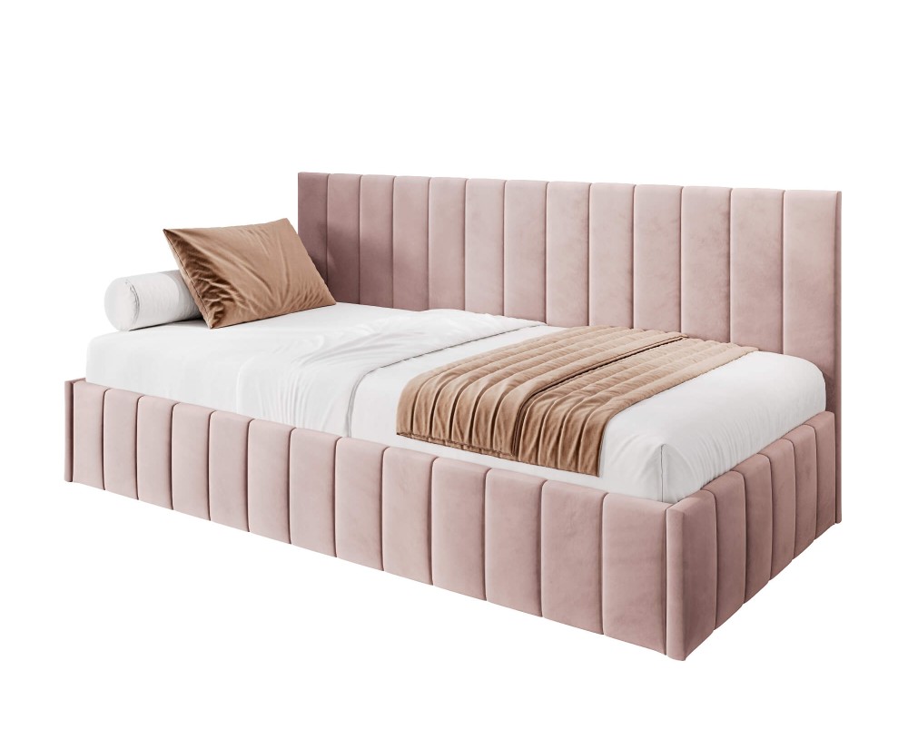 Einzelbett 90x200 cm ideal für Dachschräge - mit niedriger Rückenlehne, Bettkasten, ohne Matratze, Polsterbett NATAN SM 02