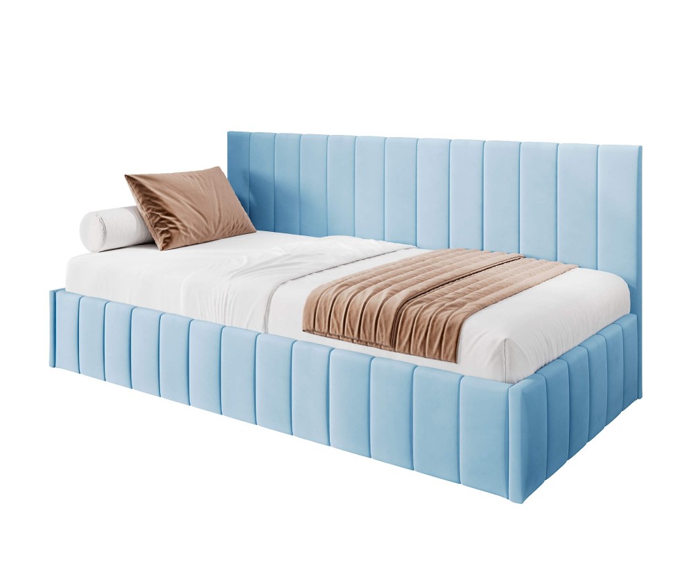 Einzelbett 90x200 cm ideal für Dachschräge - mit niedriger Rückenlehne, Bettkasten, ohne Matratze, Polsterbett NATAN SM 02