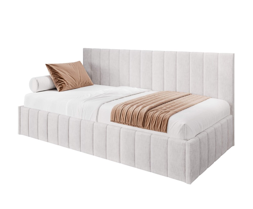 Einzelbett 90x200 cm ideal für Dachschräge - mit niedriger Rückenlehne, Bettkasten, ohne Matratze, Polsterbett NATAN SM 02