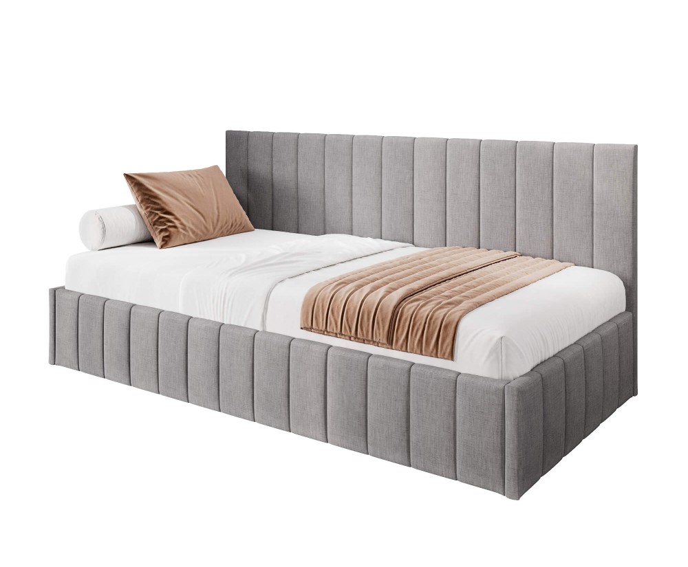 Einzelbett 90x200 cm ideal für Dachschräge - mit niedriger Rückenlehne, Bettkasten, ohne Matratze, Polsterbett NATAN SM 02