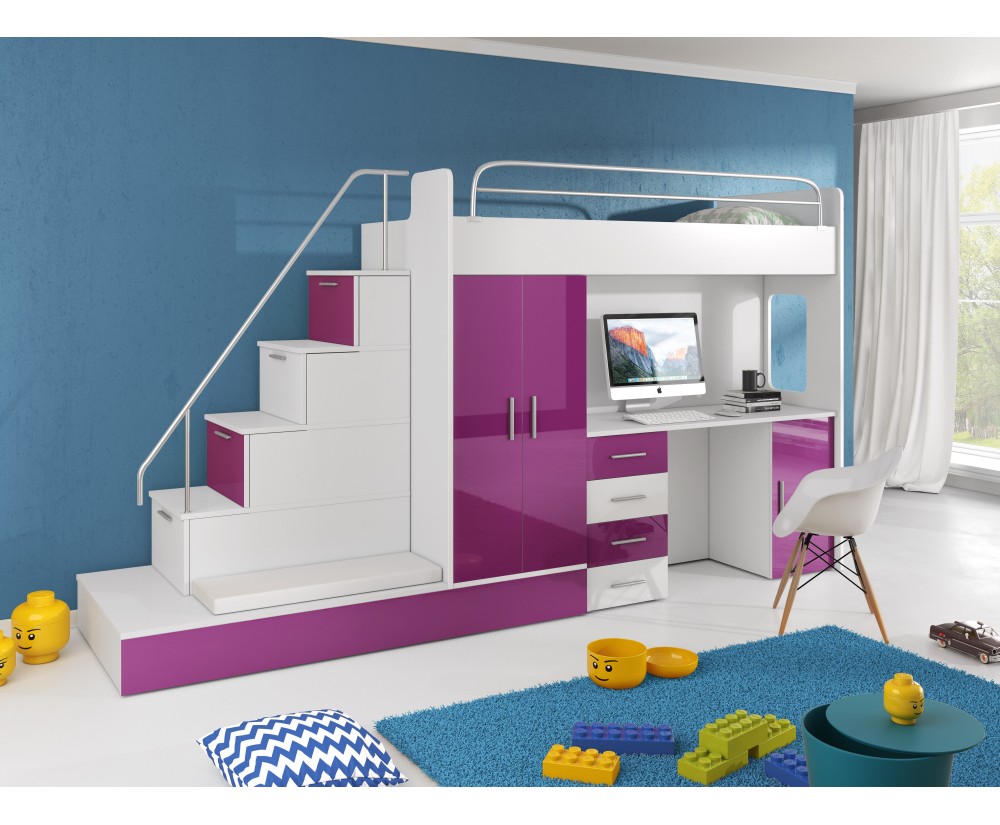 Hochbett, Etagenbett mit 2 Schlafgelegenheiten, Schreibtisch und Kleiderschrank in Hochglanz, Farbvarianten, MAJA 5 Hochbett, Etagenbett mit 2 Schlafgelegenheiten, Schreibtisch und Kleiderschrank in Hochglanz, Farbvarianten, MAJA 5