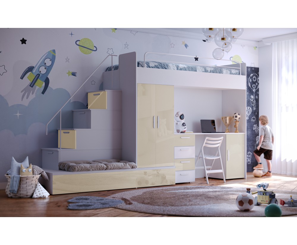 Hochbett, Etagenbett mit 2 Schlafgelegenheiten, Schreibtisch und Kleiderschrank in Hochglanz, Farbvarianten, MAJA 5 Hochbett, Etagenbett mit 2 Schlafgelegenheiten, Schreibtisch und Kleiderschrank in Hochglanz, Farbvarianten, MAJA 5