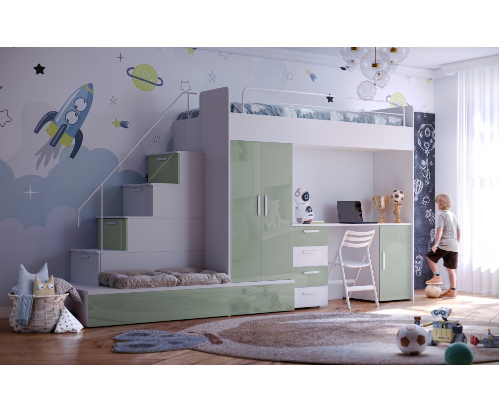 Hochbett, Etagenbett mit 2 Schlafgelegenheiten, Schreibtisch und Kleiderschrank in Hochglanz, Farbvarianten, MAJA 5 Hochbett, Etagenbett mit 2 Schlafgelegenheiten, Schreibtisch und Kleiderschrank in Hochglanz, Farbvarianten, MAJA 5