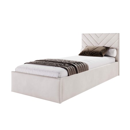 Einzelbett 90x200 cm mit Bettkasten, Lattenrost und pflegeleichtem Stoff, vom Fußteil geöffnet, Polsterbett AZURO S01