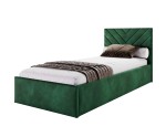 Einzelbett 90x200 cm mit Bettkasten, Lattenrost und pflegeleichtem Stoff, vom Fußteil geöffnet, Polsterbett AZURO S01