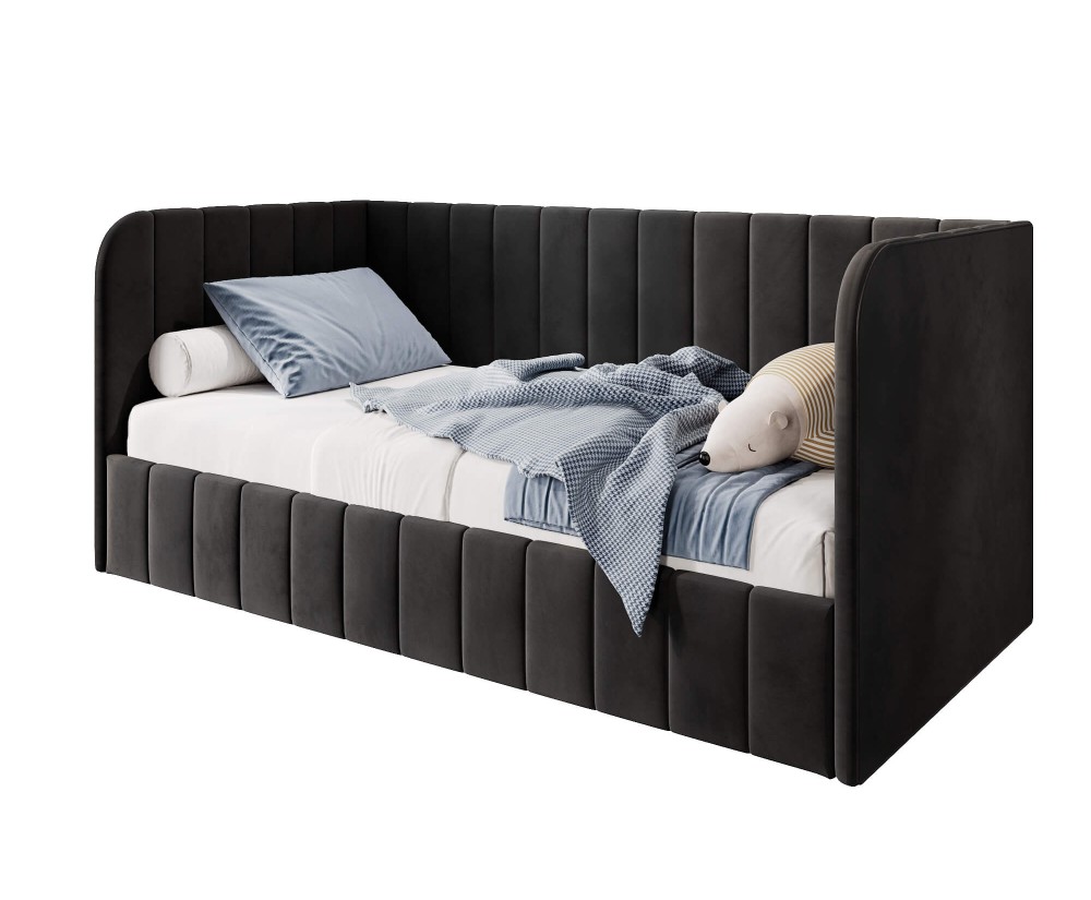 Einzelbett 120x200 cm für Kinderzimmer, Polsterbett mit Seitenteilen, Bettkasten und Lattenrost, MARIO SM 05