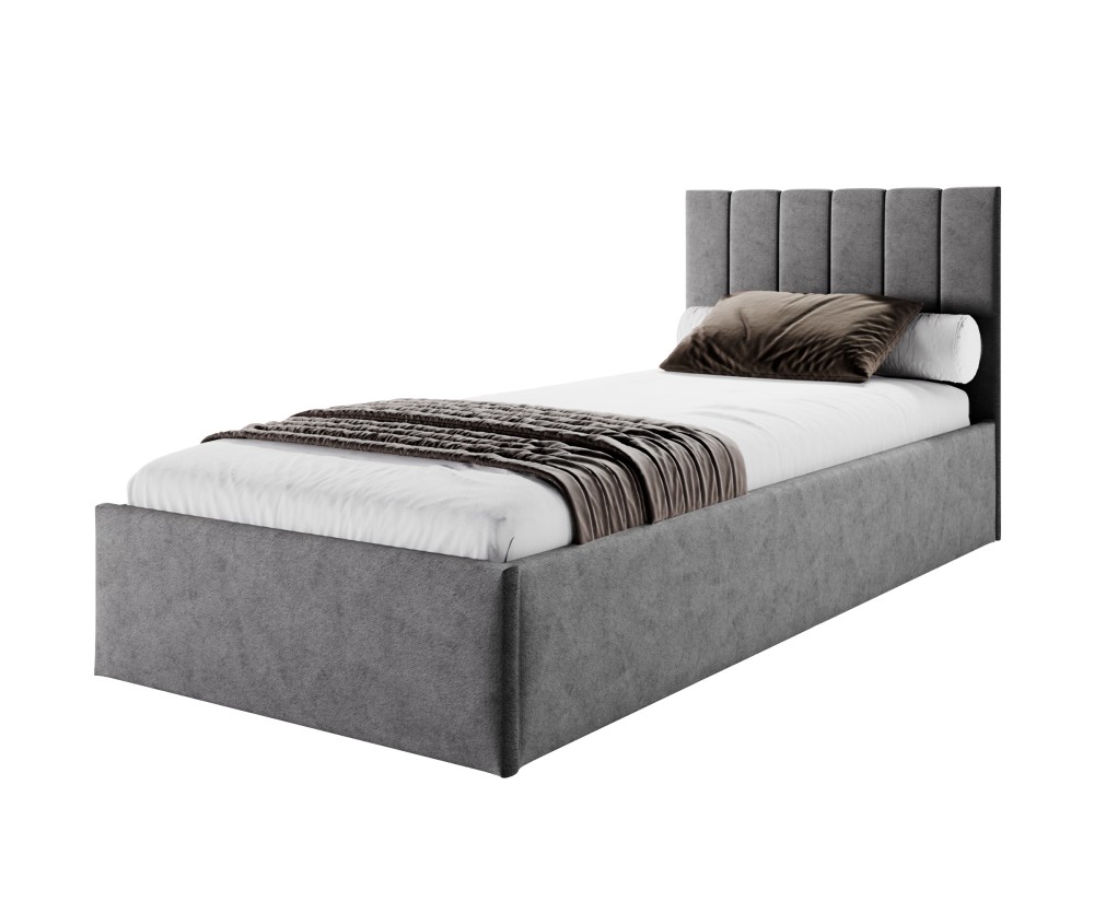 Einzelbett 100x200 cm für Jugendzimmer mit Bettkasten, Lattenrost, vertikale Nähte, vom Fußteil geöffnet, AZURO S04 Einzelbett 100x200 cm für Jugendzimmer mit Bettkasten, Lattenrost, vertikale Nähte, vom Fußteil geöffnet, AZURO S04