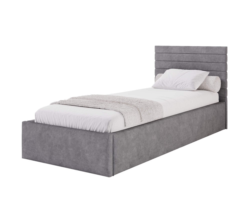 Polsterbett 90x200 cm mit Bettkasten, Lattenrost und horizontalen Nähten am Kopfteil, Einzelbett AZURO S06 Polsterbett 90x200 cm mit Bettkasten, Lattenrost und horizontalen Nähten am Kopfteil, Einzelbett AZURO S06