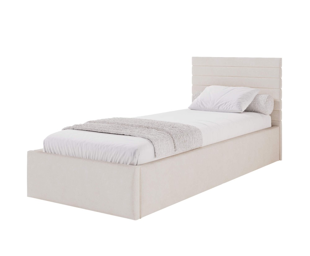 Einzelbett 100x200 cm mit Bettkasten, Lattenrost, horizontale Nähte, vom Fußteil geöffnet, AZURO S06